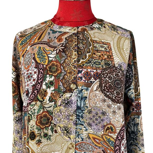 Joan Rivers sz S blouse tunic top paisley print brown gold beige button front - Picture 7 of 9